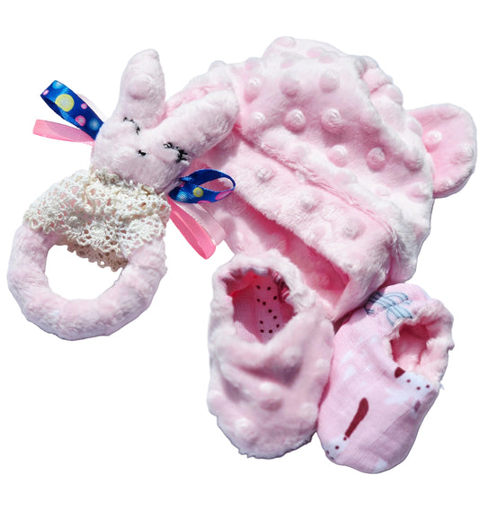 Beanie, soft double-sided shoes and teething ring