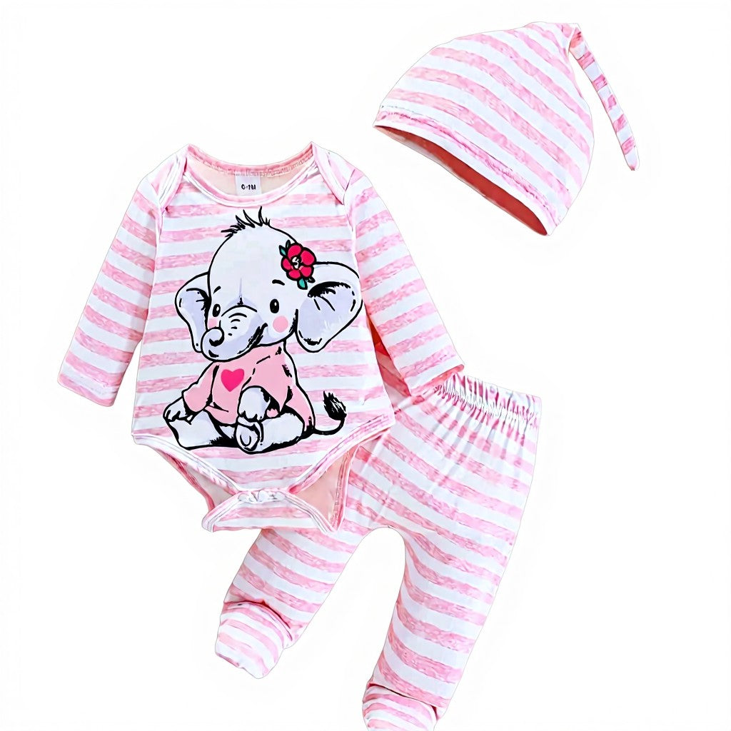 Elephant print long sleeve bodysuit, striped long pants with a beanie