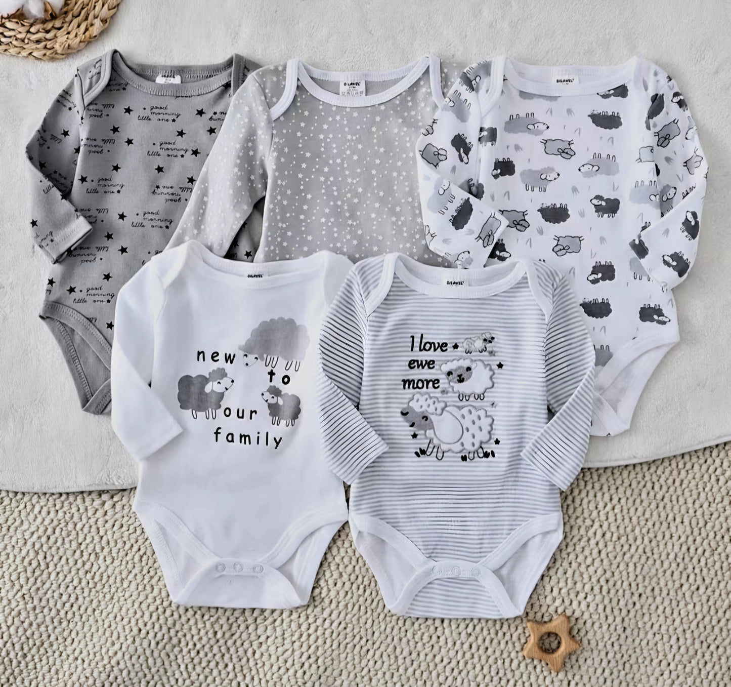 5-Piece Long Sleeve Cotton Lamb Pattern Jumpsuits (6–9 Months)
