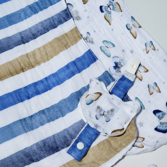 Muslin burp cloths and dummy clip