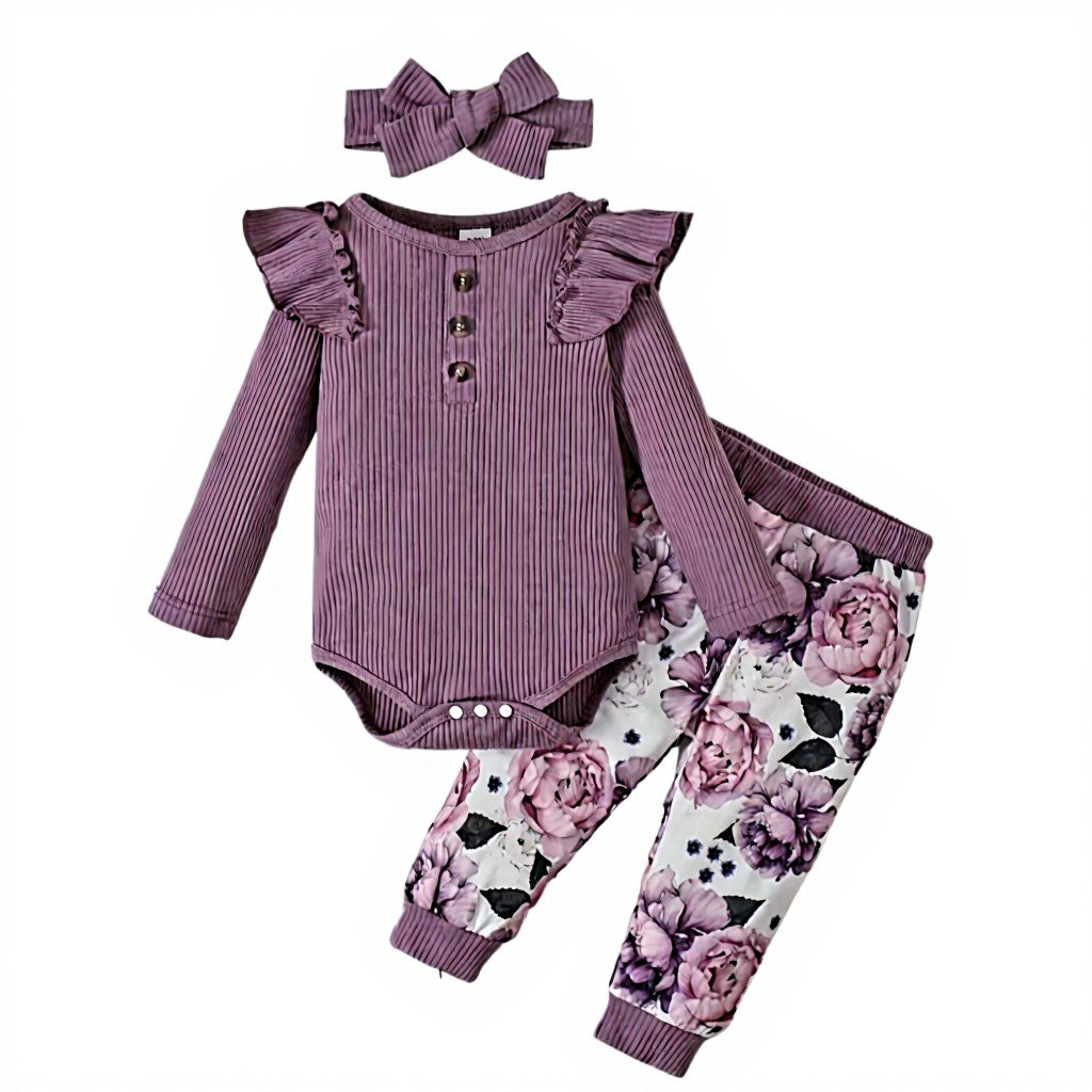 Girls’ Ribbed Cotton Romper, Floral Pants & Headband Set (6–9 Months)