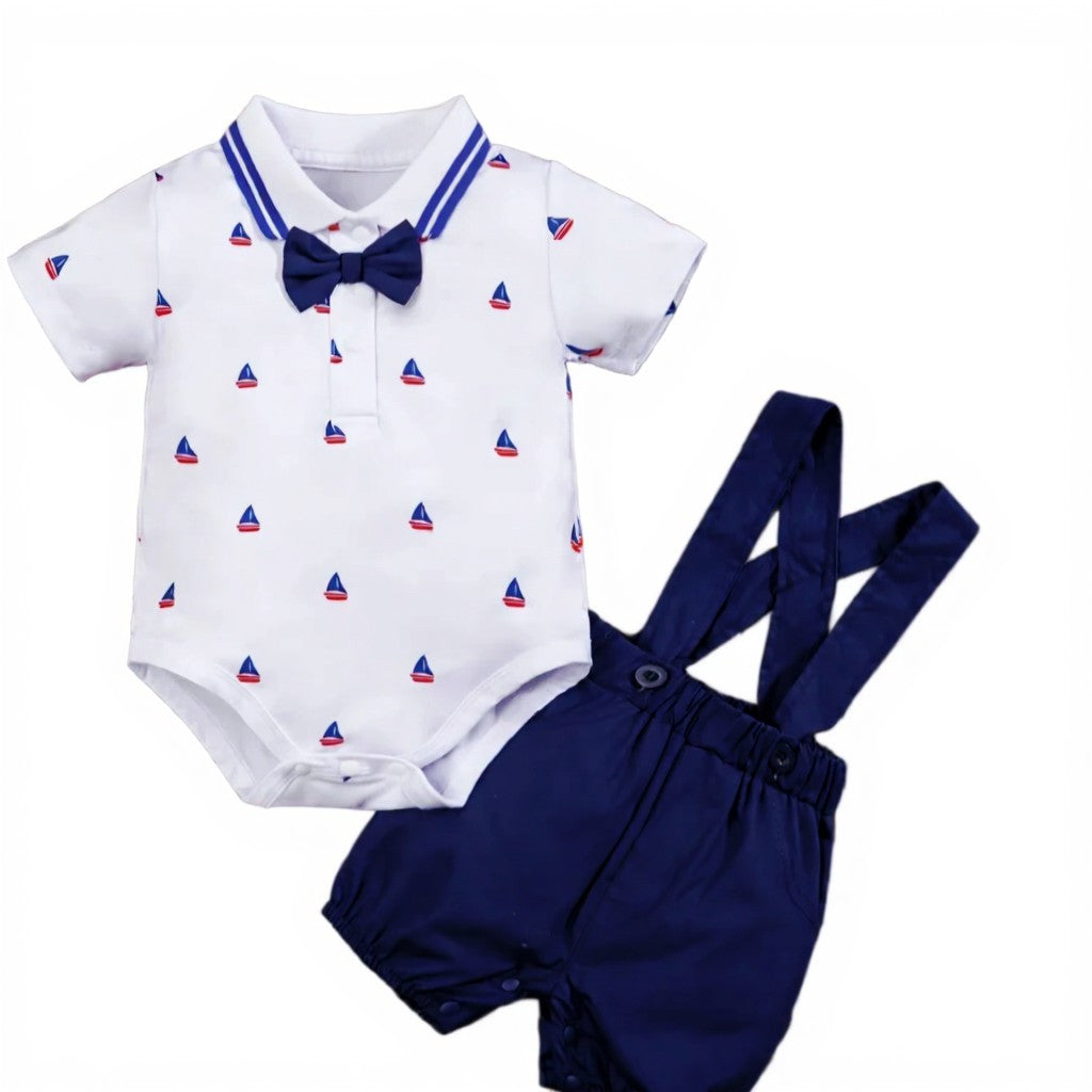 Sailing print bodysuit with polo collar and overall set