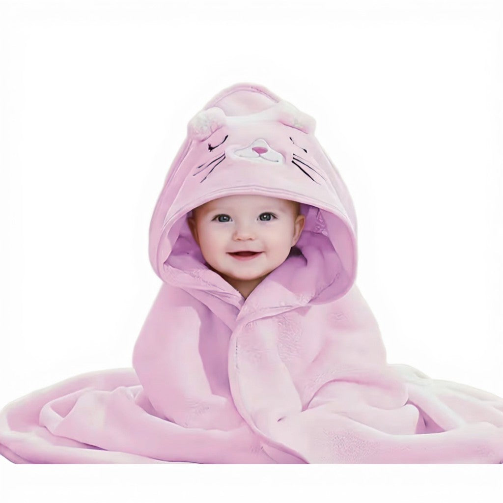 Pink Cat Hooded Bath Towel (Coral Fleece)