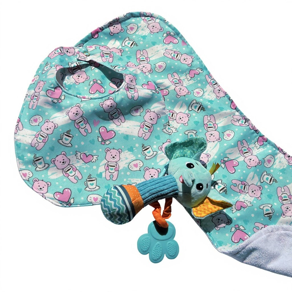 Baby Burp Cloth and Bib Set with Elephant Sensory Rattle Toy