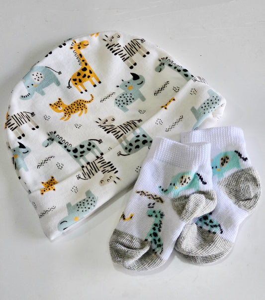 Animal Print Beanie & Socks Set (0–3 Months)