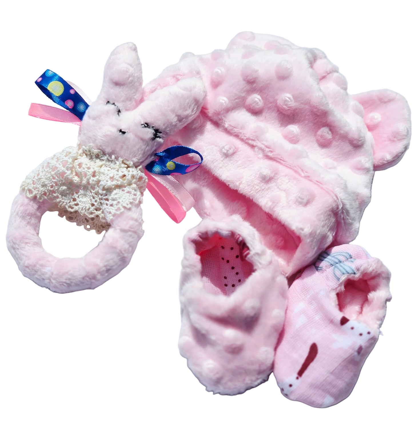 Beanie, soft double-sided shoes and teething ring