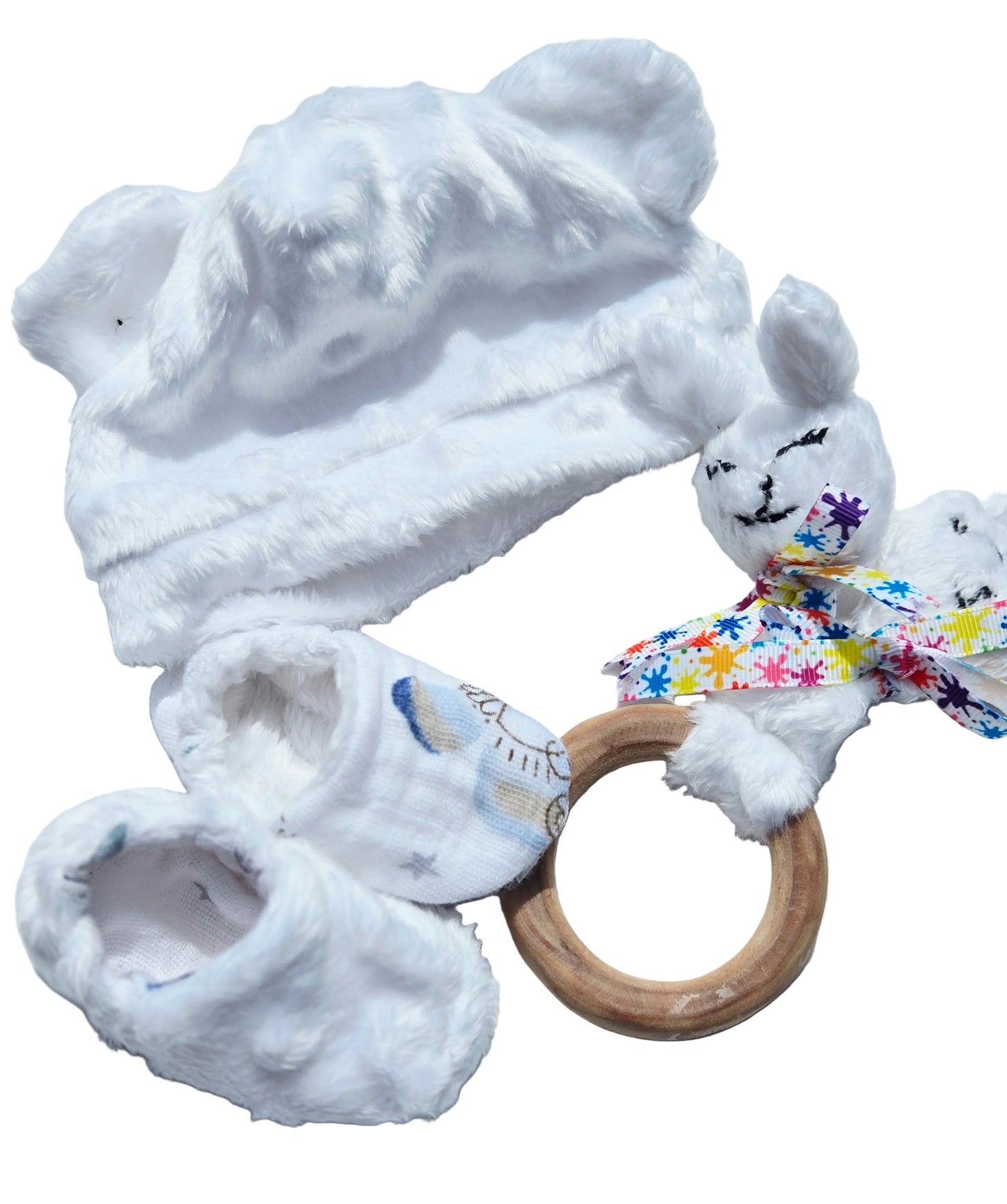 Beanie, soft double-sided shoes and teething ring