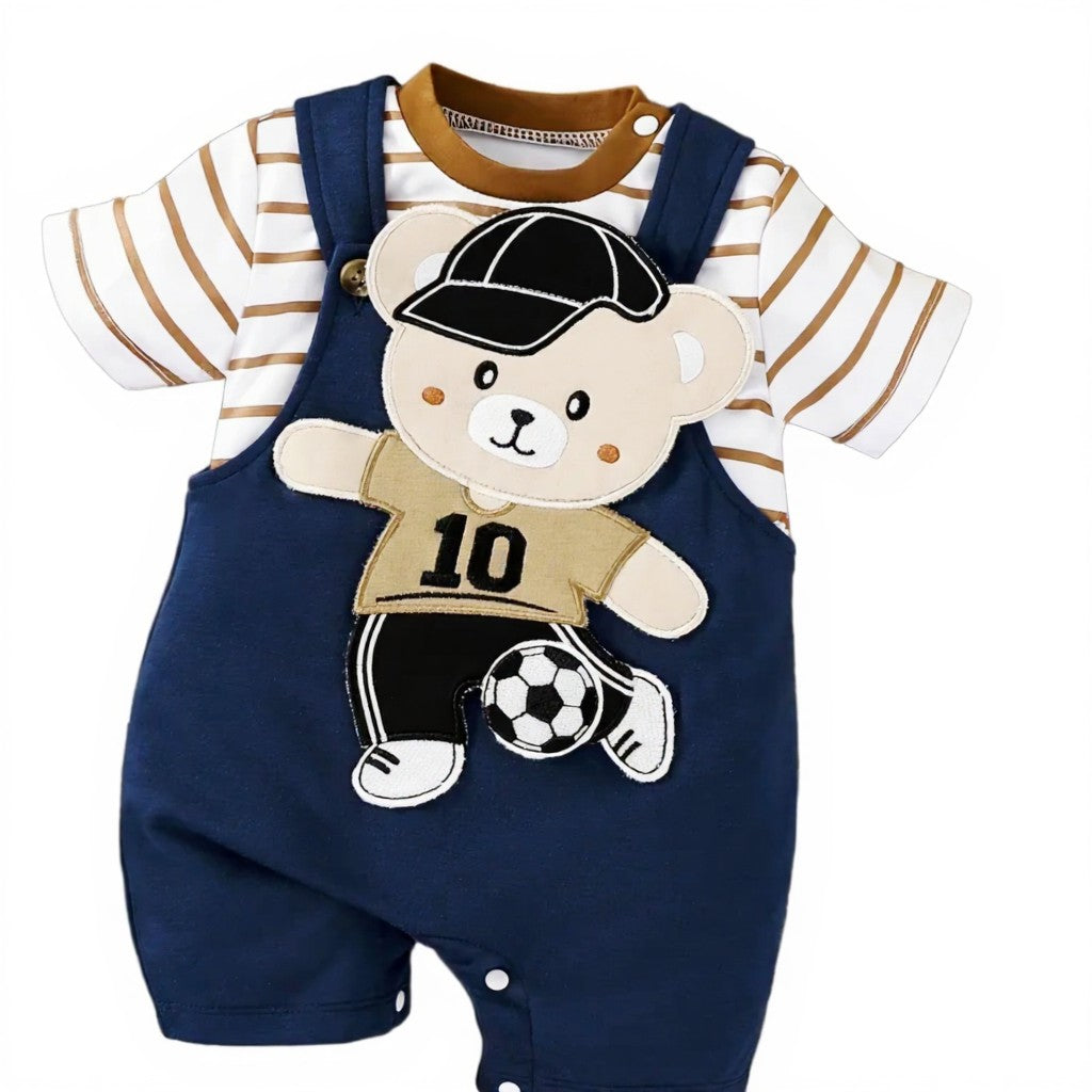Cartoon bear applique suspender shorts set