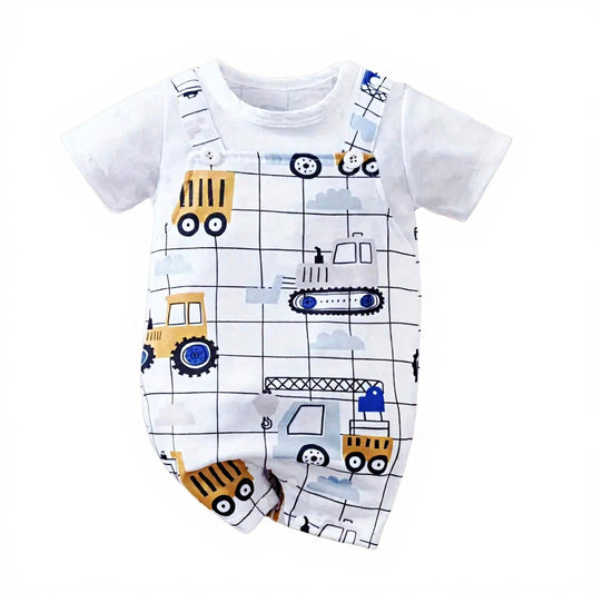 Summer cartoon construction vehicle checkered romper