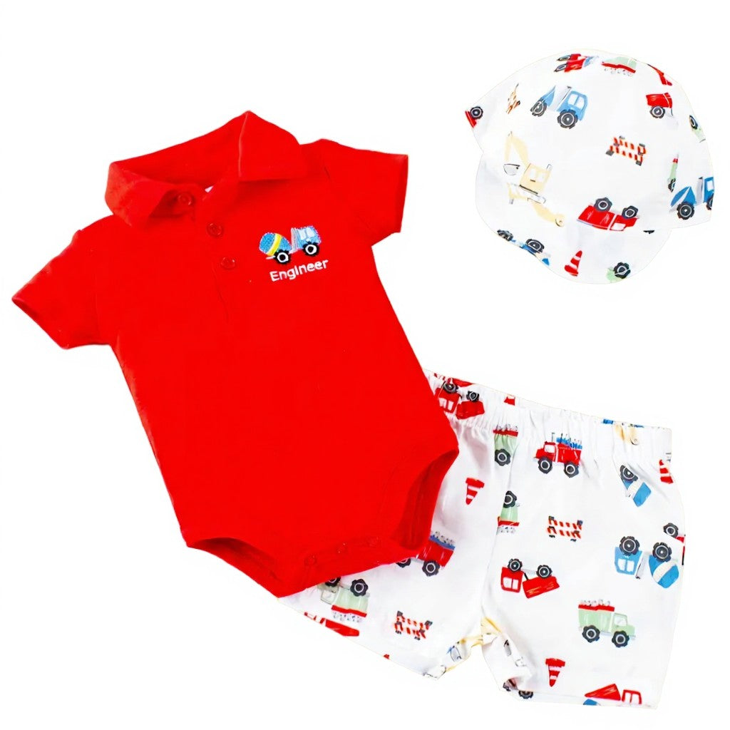 3pcs Summer baby boy construction baby grow, short and hat