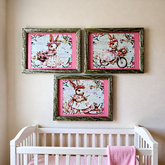 Set of 3 pink bunny wall art