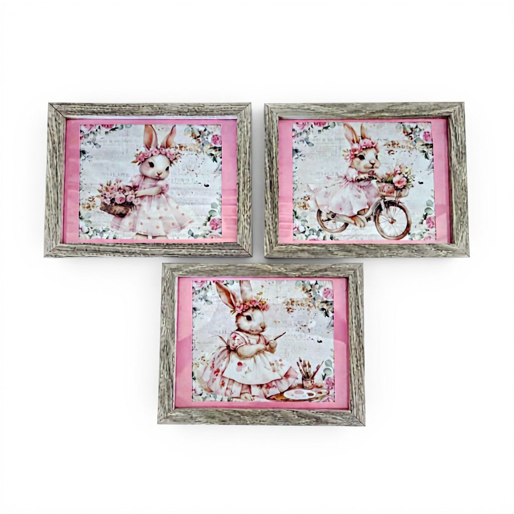 Set of 3 pink bunny wall art