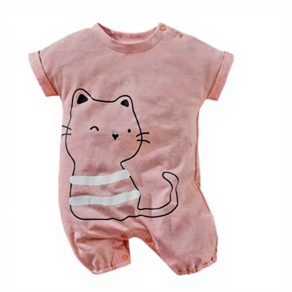 Girls’ Cartoon Cat Cotton Bodysuit (0–3 Months)