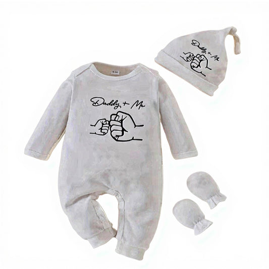 “Daddy + Me” Cotton Baby Bodysuit Set with Beanie & Mittens (0–3 Months)