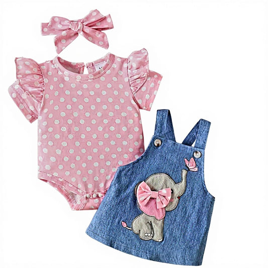 Girls’ Cute Elephant Pink Romper & Denim Skirt Set (9–12 Months)