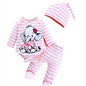 Elephant print long sleeve bodysuit, striped long pants with a beanie