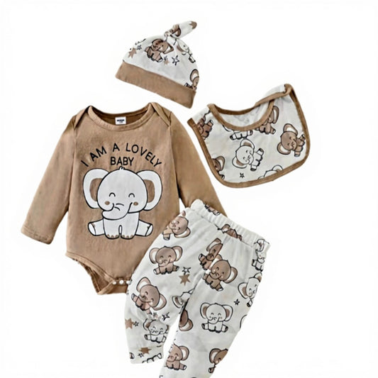 Baby Boy Elephant Print 4-Piece Set (0–3 Months)