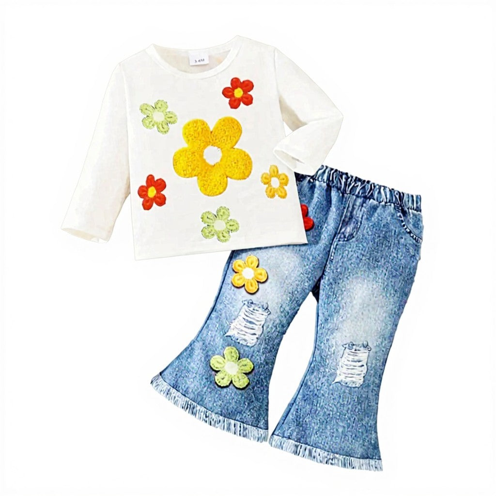 Girls' floral top and imitation flared denim set