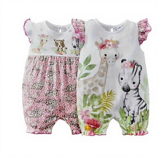 2-Pack Cotton Flutter Sleeve Onesies – Forest Animals Print (6–9 Months)
