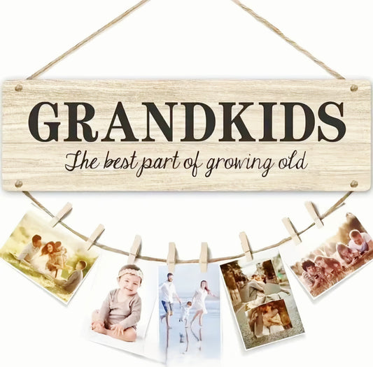 Rustic wooden 'Grandkids - The best part of growing old' sign to display photos