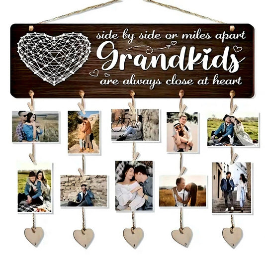 Wooden Grandkids Photo Collage Sign with Clip Rope