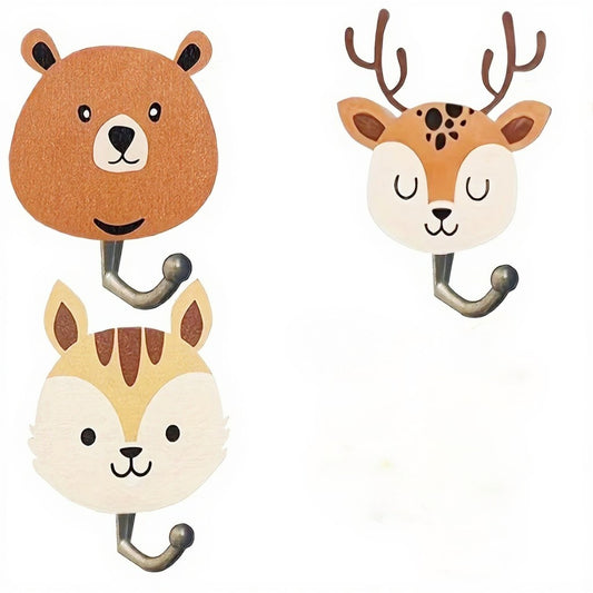 3-Piece Wooden Jungle Animal Wall Hooks Set (8cm x 7cm)