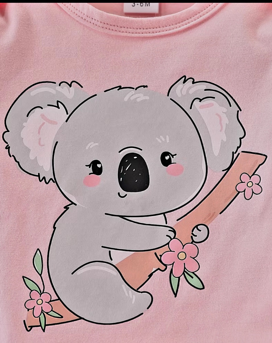 Koala Print Bodysuit Set with Striped Pants & Beanie