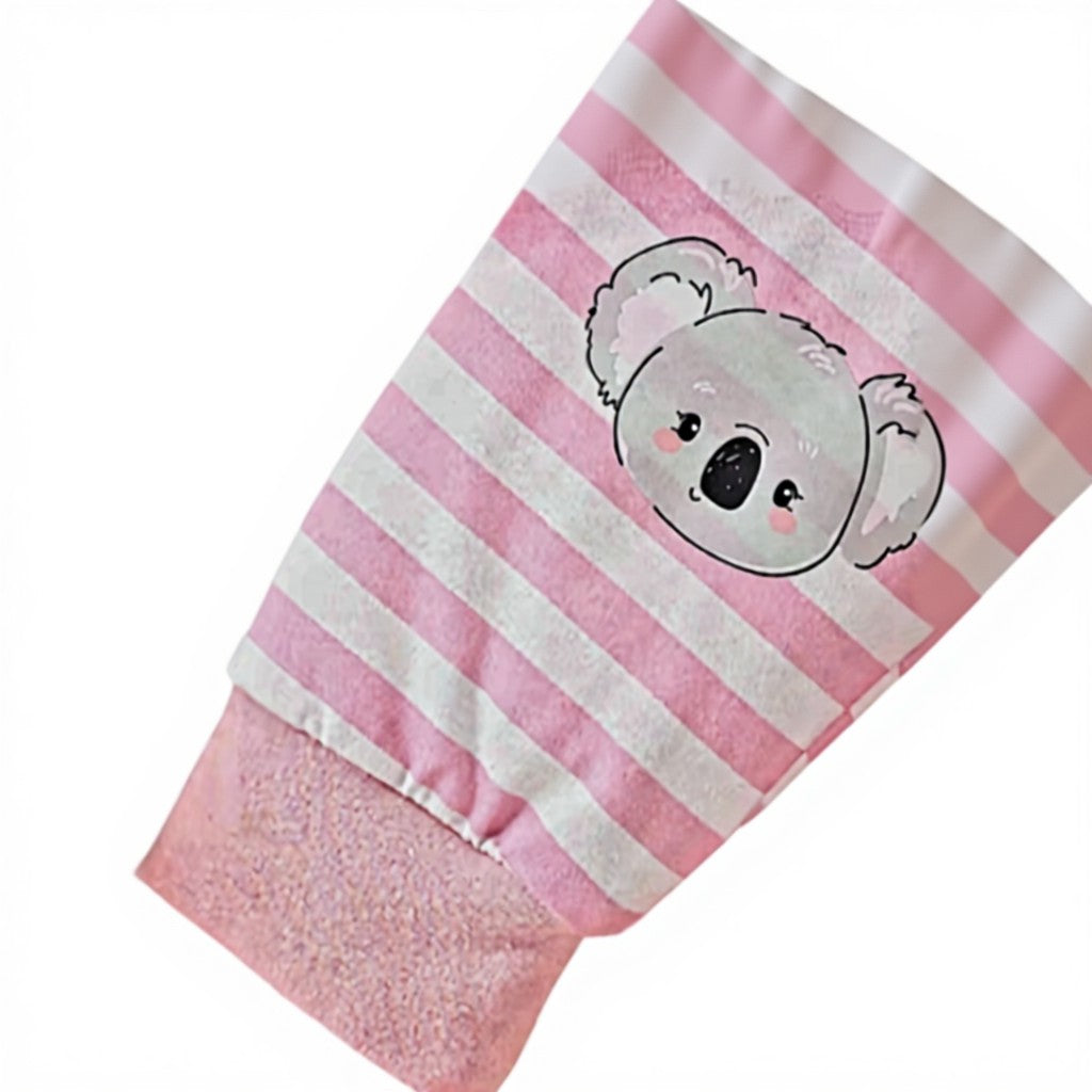 Koala Print Bodysuit Set with Striped Pants & Beanie