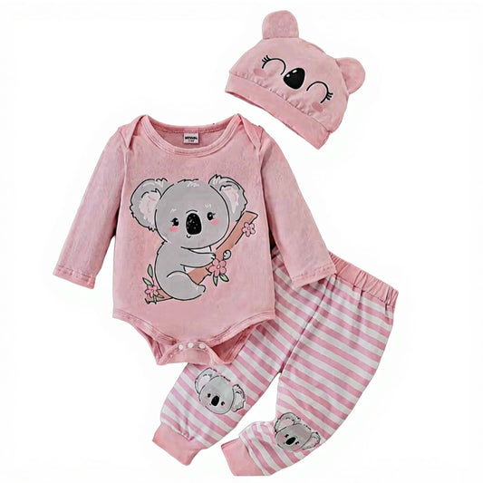 Koala Print Bodysuit Set with Striped Pants & Beanie