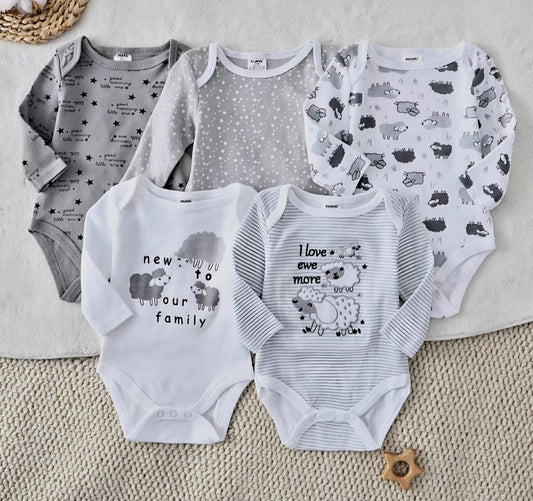 5-Piece Long Sleeve Cotton Lamb Pattern Jumpsuits (6–9 Months)