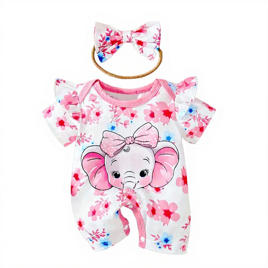 Little elephant romper with shoulder ruffle & bowknot