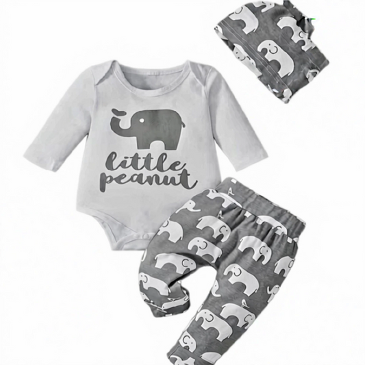 Cotton Elephant Long Sleeve Bodysuit Set with Printed Pants & Beanie