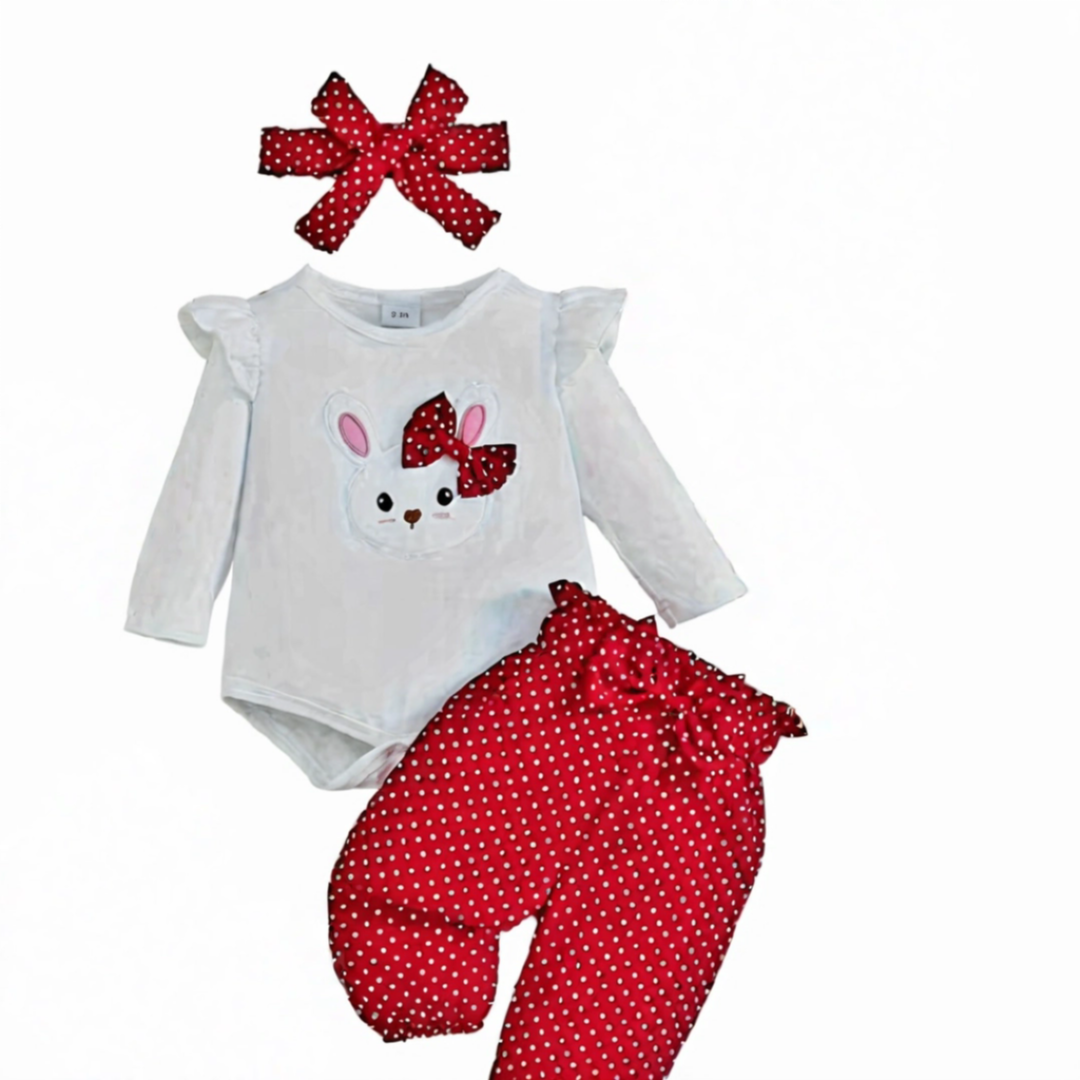 Baby Girl Rabbit Top, Polka Dot Pants & Headband Set (6–9 Months)