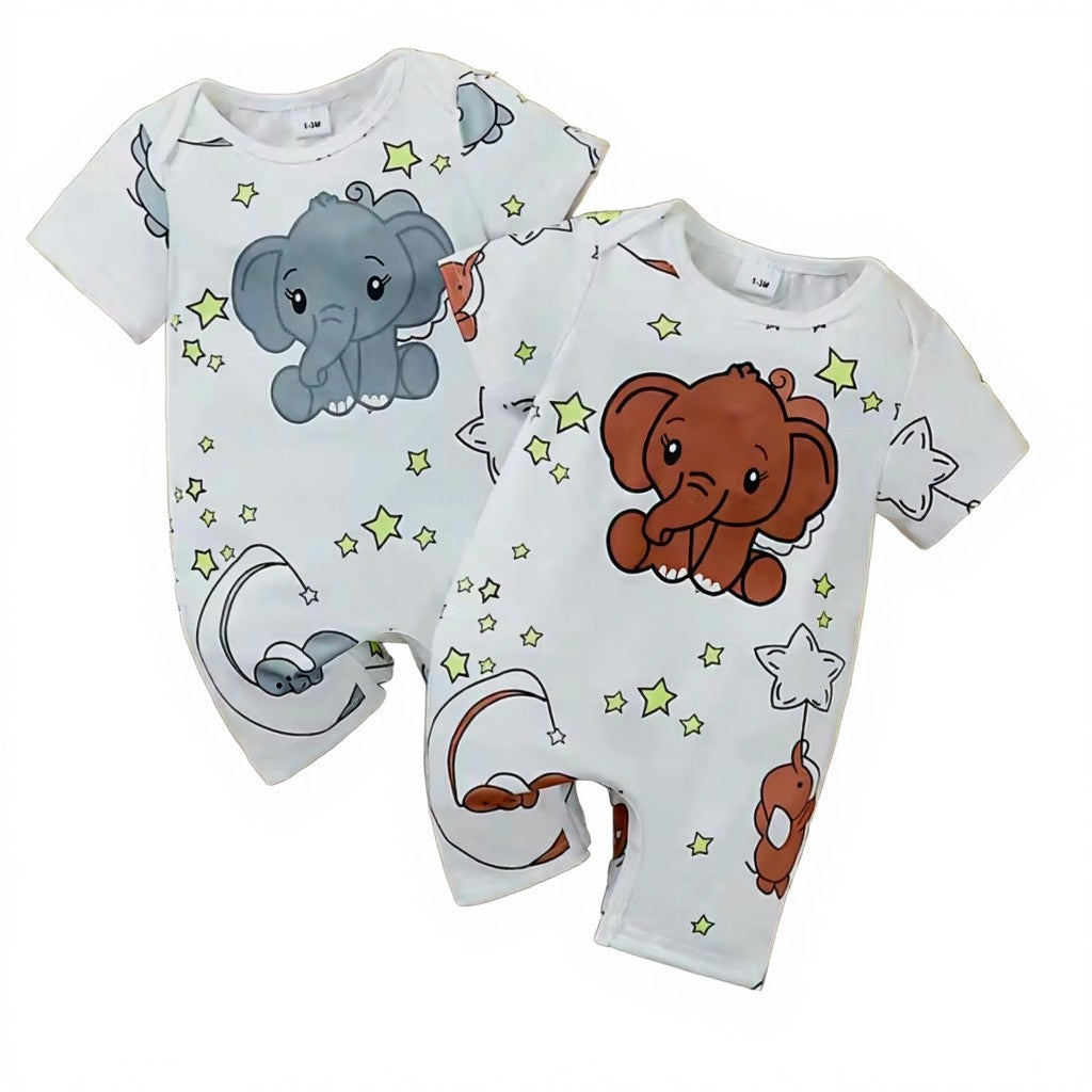 2pc comfortable full print star and cartoon elephant pattern bodysuit