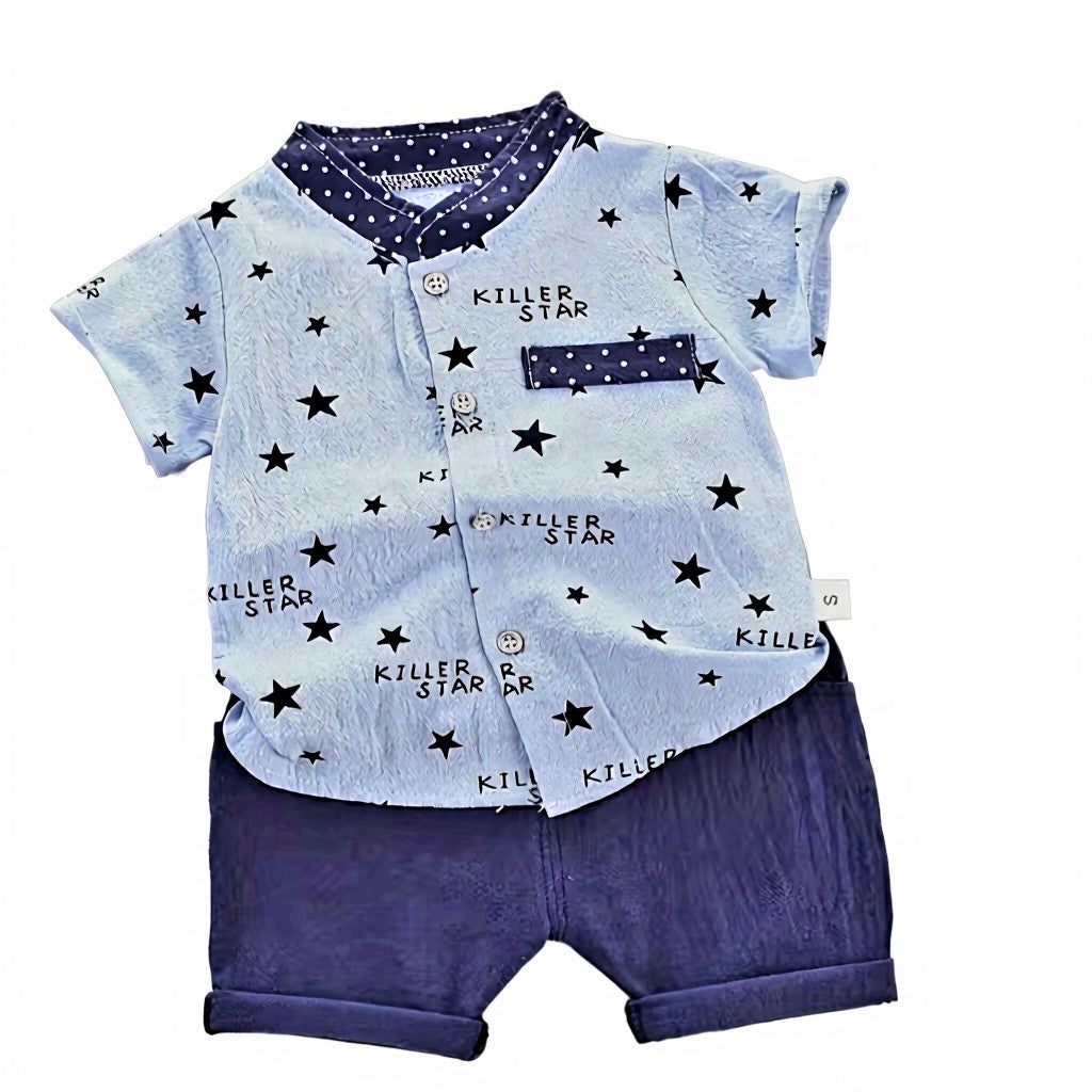 Boys’ Cotton Star Pattern Shirt & Casual Shorts Set (6–9 Months)