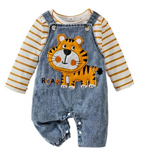 Little Tiger Striped Romper & Denim Overall Set (6–9 Months)