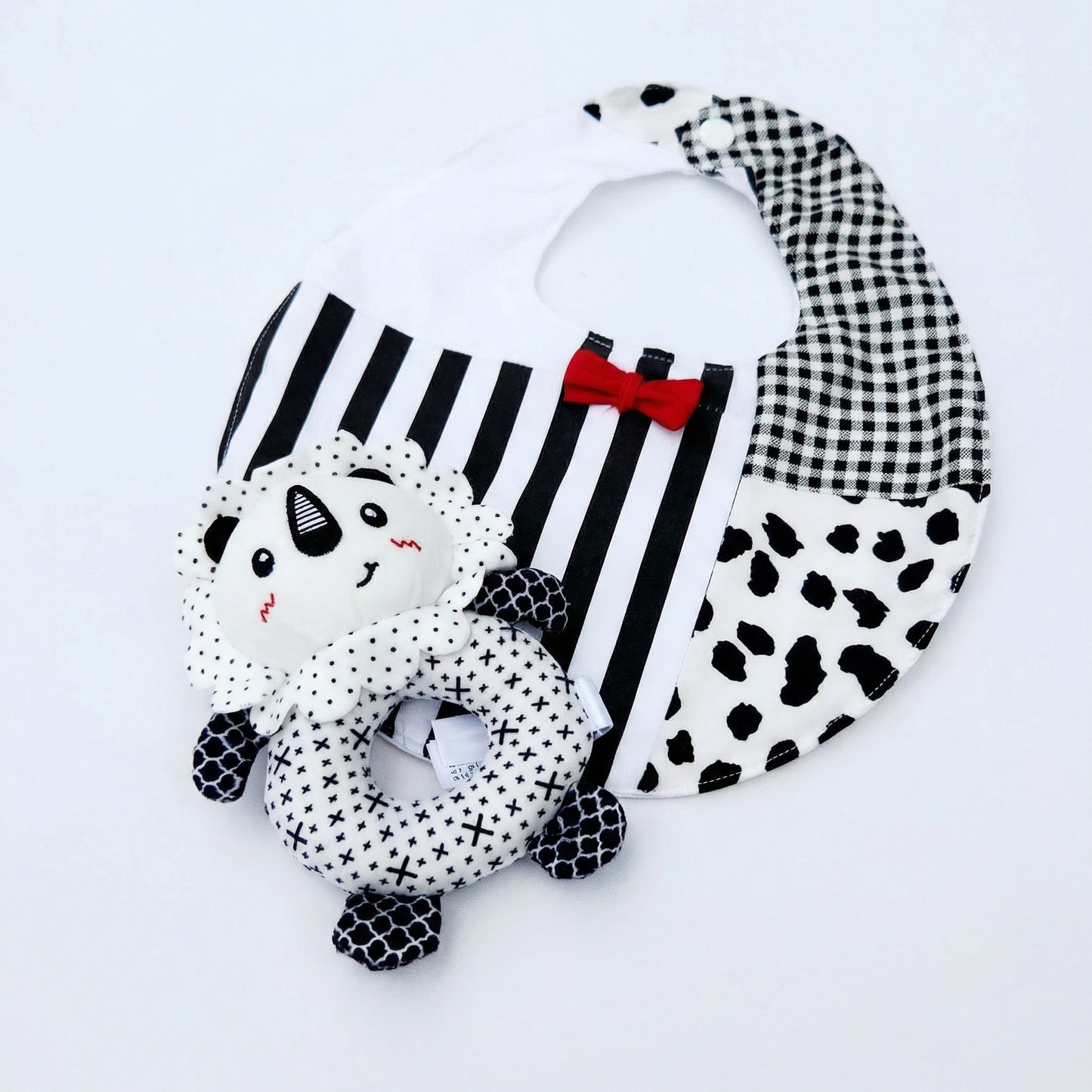 Black & White Bibs + Animal Print Ring Rattles