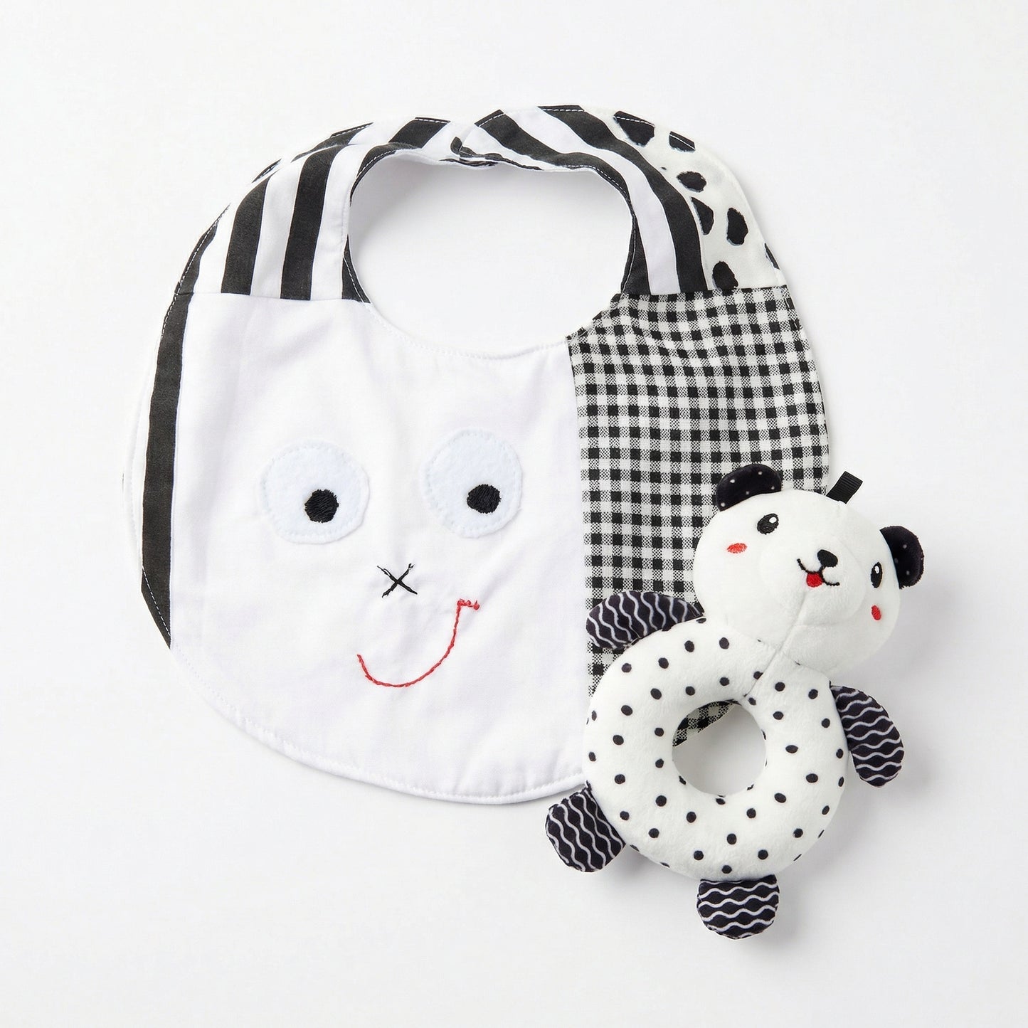 Black & White Bibs + Animal Print Ring Rattles