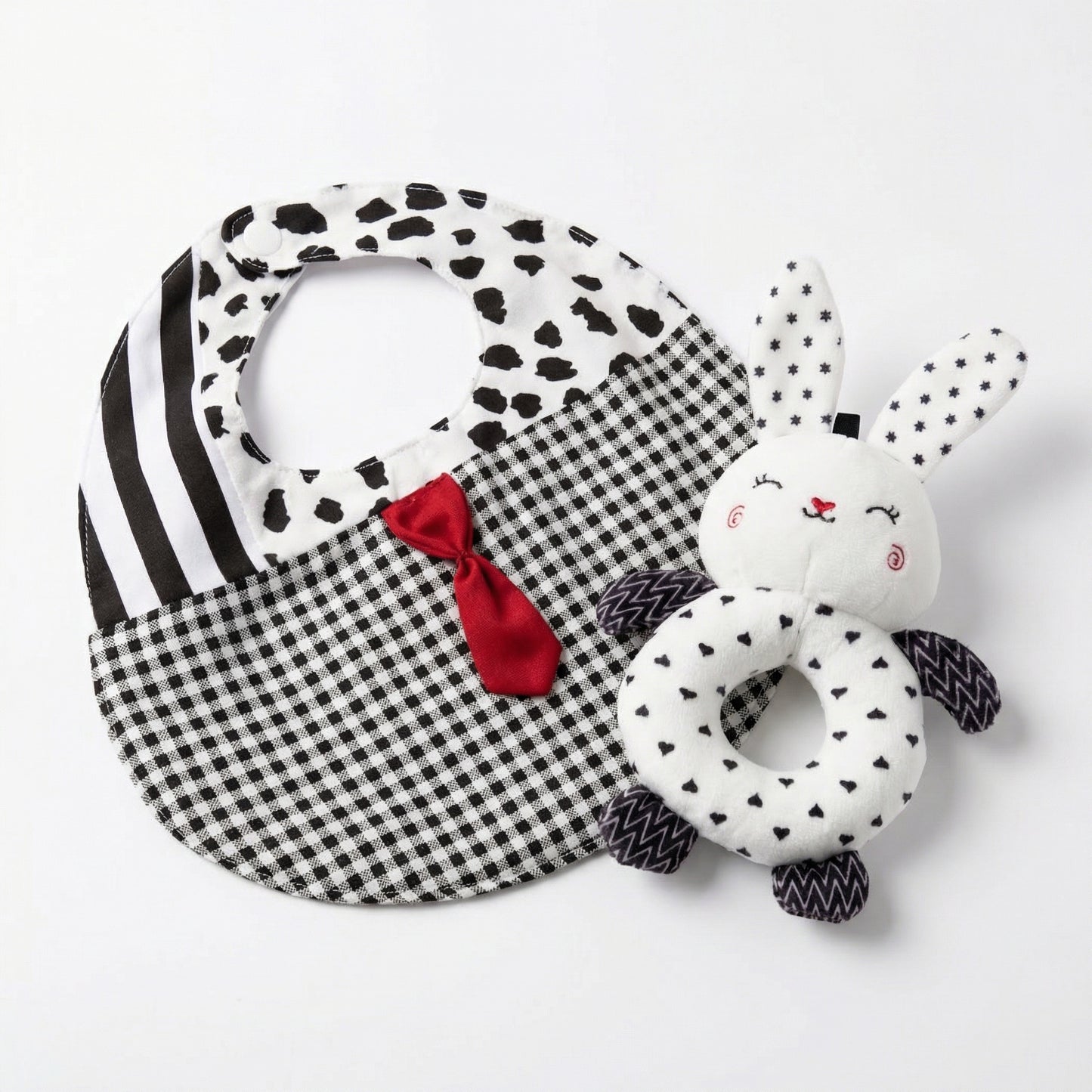 Black & White Bibs + Animal Print Ring Rattles