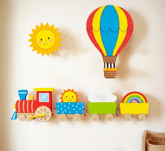 3 Pcs wood wall panels train, hot air balloon & sun set