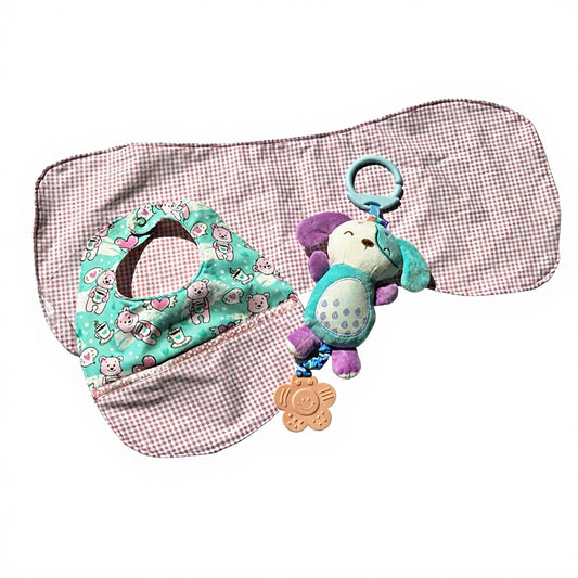 Baby Burp Cloth and Bib Set with Stroller Hanging Puppy Toy
