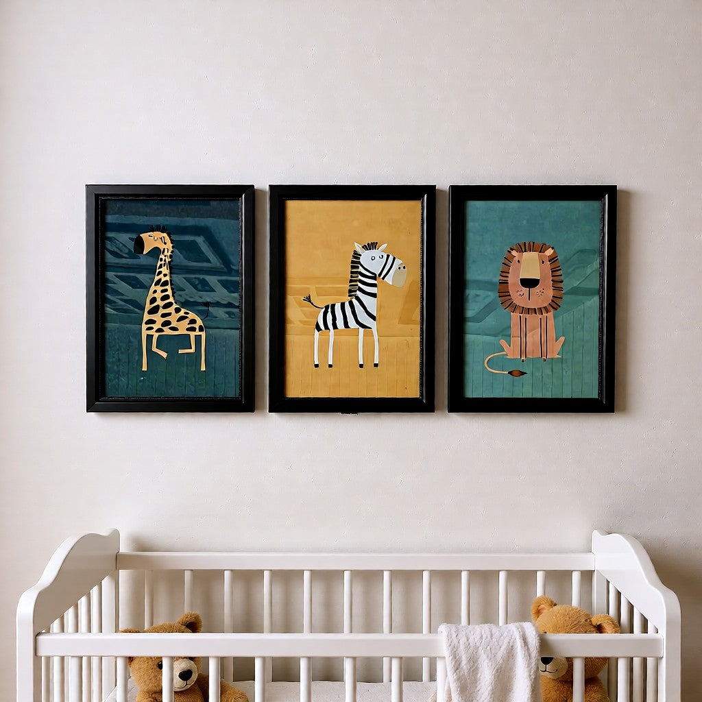 Set of 3 framed wall art including Zebra, Lion and Giraffe